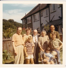 In the garden at 63 Mayfield Avenue, 1969 from L to R: Joseph Witriol, Edith Witriol (wife), Max, Sam Witriol (brother), Yetta Witriol (mother), Susannah, a Witriol visiting from USA (no relative?)